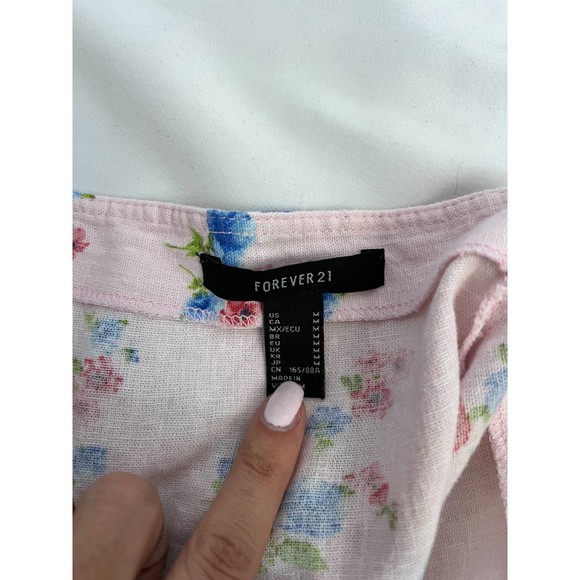 Forever 21 Barbiecore Linen Crop Top Floral Size M Ruffles Pink Button Front - Picture 5 of 10